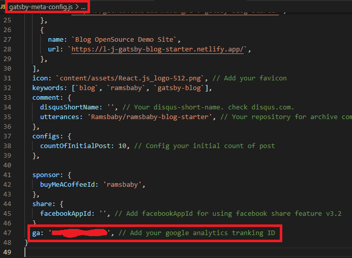gatsby-meta-config.js 구글 애널리틱스 연동 설정